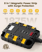 SURAIELEC Magnetic Power Strip, 1080J Surge Protector, 4 Outlets, 2 USB-A & 2 USB-C, 6 Ft Cord, Dual Magnets & 4 Mounting Holes, ETL Listed