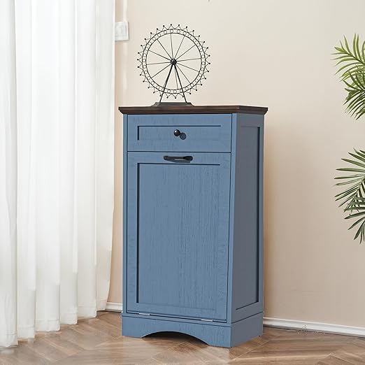 13 Gallons Tilt Out Trash Cabinet Freestanding Kitchen Trash Bin Cabinet Wood Garbage Recycling Cabinets with Hideaway Drawer Pet Proof Trash Can Holder for Kitchen Living Room, Blue