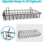 G.CORE Large Peg Board Baskets - 2 Pack Metal Shallow Tray Shelves for 1/4 Pegboards - Spray Bottle Holders Can Organizers for Garage Workbench Shop Hobby Craft Tool Organization (Black)