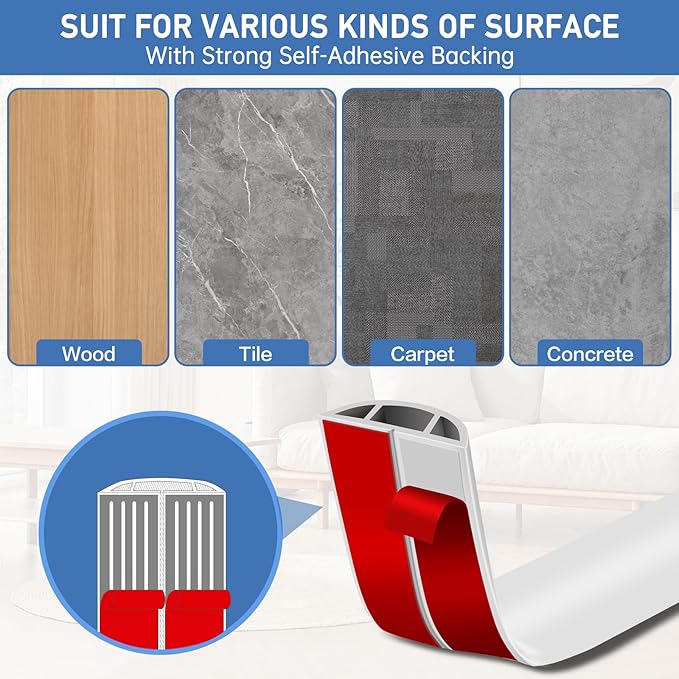Floor Cord Cover Self Adhesive Cord Hider Floor Extension Cord Covers for Floor Power Cord Protector Cable Management Prevent Cable Trips Cable Cavity 0.59" W x 0.31" H (White, 10Ft)
