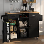 51.5'' Rolling Kitchen Island with Storage Cabinet & Drawers, Drop Leaf Kitchen Cart on Wheels, Farmhouse Portable Mobile Islands, Large Butcher Block Table with Tower/Spice Rack, Black