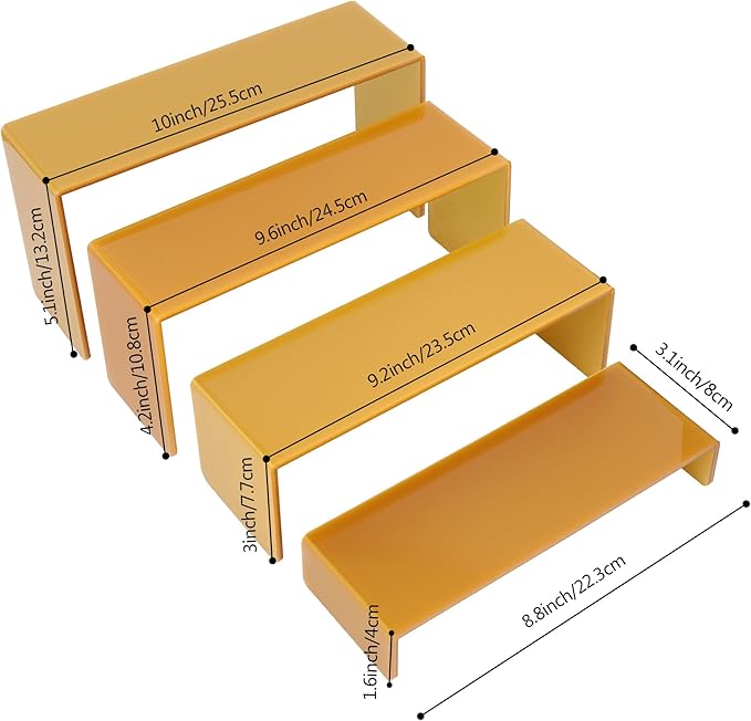 ELEGANTLIFE Acrylic Display Riser,4.3mm Heavy Duty Crystal Display Stand Shelf Layered Aesthetic, Jewelry Display Shelf Risers for Décor,4 Pack Set Multi-color (Gold)