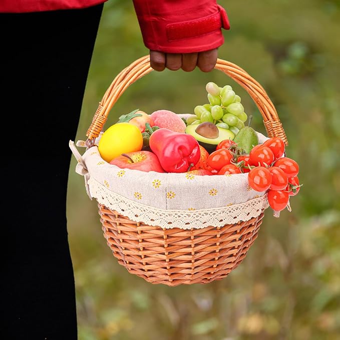 Wicker Picnic Basket with Double Folding Handles - 13.91 x 11.42 x 6.7 Inch Hand Woven Easter Basket, Natural Willow Picnic Basket with Handle, Woven Picnic Hamper for Outdoor Camping
