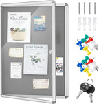 Geetery 36 x 24 Inch Enclosed Bulletin Board with Locking Door Fabric Cork Outdoor Bulletin Board Lockable Display Case, Tamperproof Aluminium Frame Noticeboard Wall-Mounted for School, Office (Gray)
