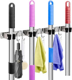Mop Broom Holder Wall Mount, Silver Stainless Steel Tool Storage Organizer for Kitchen Garden Garage Laundry Room Bathroom and RV with 4 Slots 6 Hooks