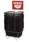SSWBasics Black Metal Shopping Baskets With Stand and Sign - Set of 12 - Basket Dimension 17"W x 12"D x 7"H - Perfect for Retail, Thrift, Grocery, and Convenience Stores