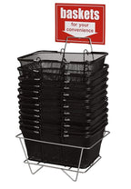 SSWBasics Black Metal Shopping Baskets With Stand and Sign - Set of 12 - Basket Dimension 17"W x 12"D x 7"H - Perfect for Retail, Thrift, Grocery, and Convenience Stores