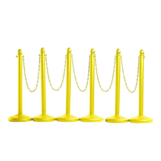 Montour Line Plastic Stanchion Yellow 2.5 Inch Diameter with 50 Foot Chain, 6-Pack, Crowd Control Barriers
