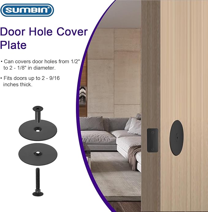 Door Hole Cover Plate Filler Plate Deadbolt Cover Plate 2-5/8" Diameter,1 Inch and 2 Inch Connecting Screws in Matt Black Finish (2 Pack)