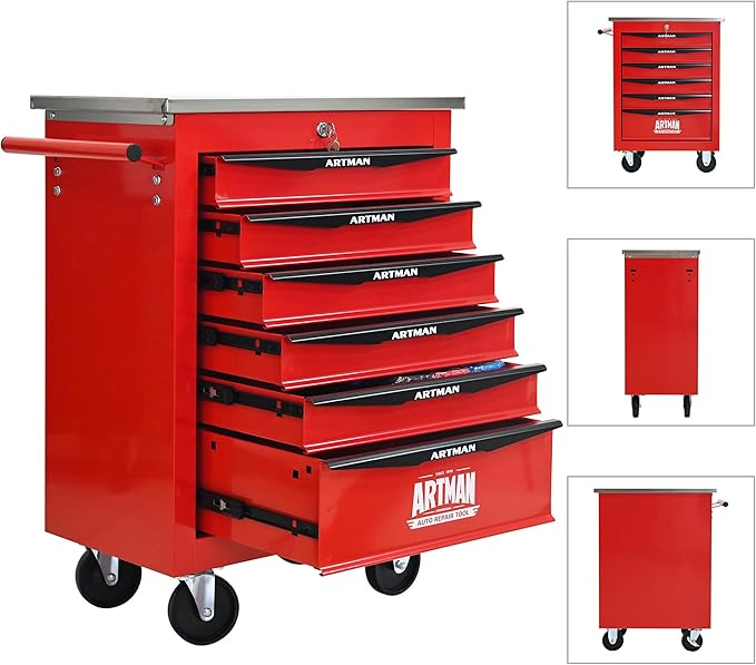 6 Drawer Rolling Tool Chest with Locker, 22.2" D Metal Movable Lockable Tool Cart Box Multi-Functional Hardware Storage Cabinet Box for Warehouse Basement Home Pantry Garage
