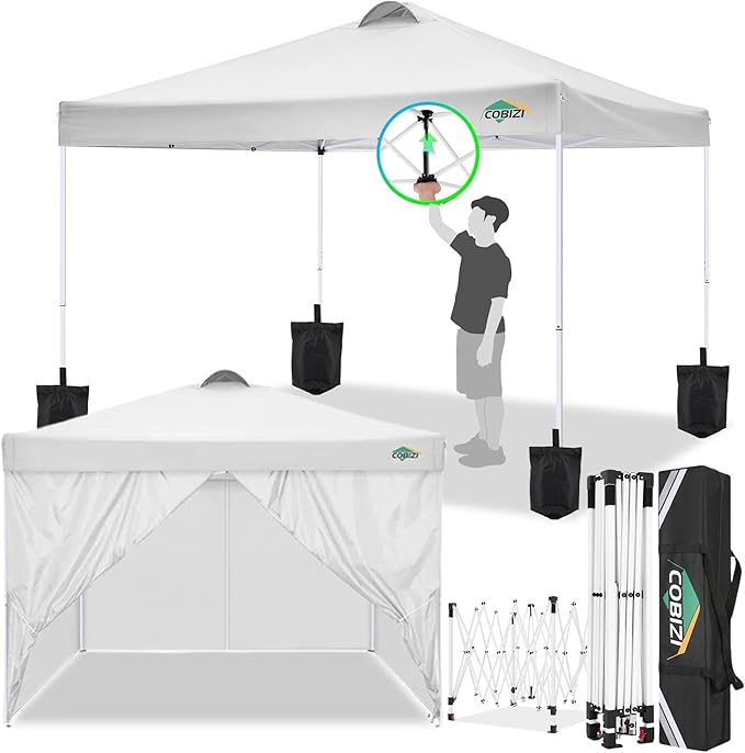 COBlZI 10x10 Pop Up Canopy Tent with 4 Removable Sidewalls，Waterproof Commercial Easy up Adjustable Gazebo with Air Vent, 4 Sandbags，4 Stakes & 8 Ropes（Tents for Party/Exhibition,White