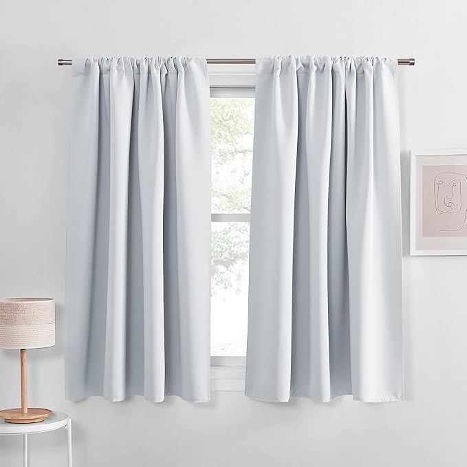 PONY DANCE White Draperies & Curtains - Room Darkening Rod Pocket Top Thermal Insulated Noise Reducing Short Curtain Panels for Kitchen Bedroom, 52 Wide x 45 Inches Long, Greyish White, 2 PCs