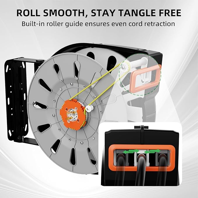 80FT Retractable Extension Cord Reel, 14 AWG/3C SJTOW Heavy Duty Power Cord with Lighted Triple Outlet, 13A Circuit Breaker, 180° Swivel Wall/Ceiling Mount Retractable Cord Reel, ETL Listed, Orange