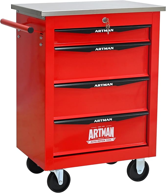 4 Drawer Rolling Tool Chest with Locker, 22.2" D Metal Movable Lockable Tool Cart Box Multi-Functional Hardware Storage Cabinet Box for Warehouse Basement Home Pantry Garage