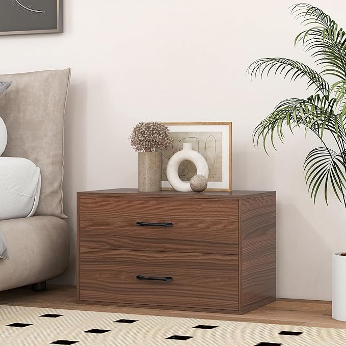 GOFLAME Stackable 2-Drawer Dresser, Wood Horizontal Storage Organizer with Metal Handle & Smooth Sliders, Lateral File Cabinet with Anti-tilt Kit for Bedroom Office, Walnut
