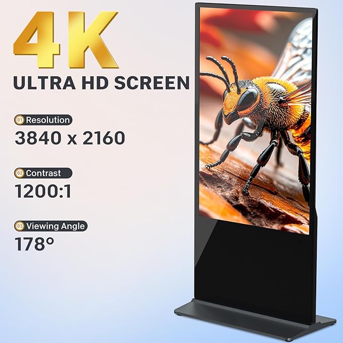 HLEC 65'' Indoor Floor-Standing Digital Signage Interactive Display, 4K Touchscreen Advertising Display LCD Kiosk, Commercial Android Smart System, CMS Software, HDMI/USB Input＆Out/WiFi(4+64G)