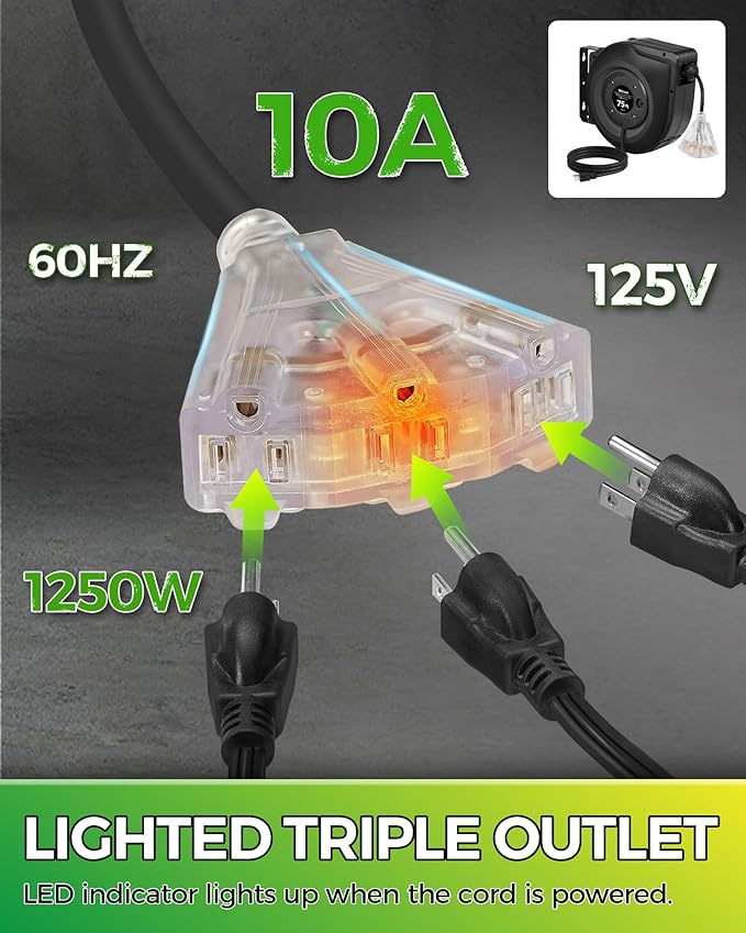 Retractable Cord Reel, 75 FT Heavy Duty Extension Cord, 14AWG/3C SJTOW, 3 Grounded Outlets Lighted Triple Tap, 10A Circuit Breaker, Wall/Ceiling Mounted, UL Listed, Black H75CR06