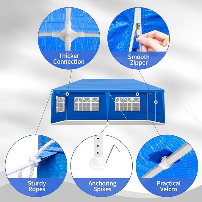 10x20 FT Party Tent, Outdoor Wedding Tents for Parties, Canopy Event Tent with 6 Removable Sidewalls, Waterproof Gazebo Shelter for Birthday Parties, Weddings, BBQs & Events (10X20FT-6Sides Blue)