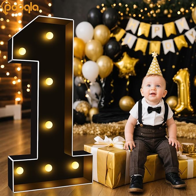 Pooqla 3 FT 4 FT Marquee Light Up Letters, Black Giant Letter Sign Marquee Letter Lights, Big Mosaic Letters Numbers for Balloons Birthday Party Anniversary Wedding Decorations, 3FT Number 0
