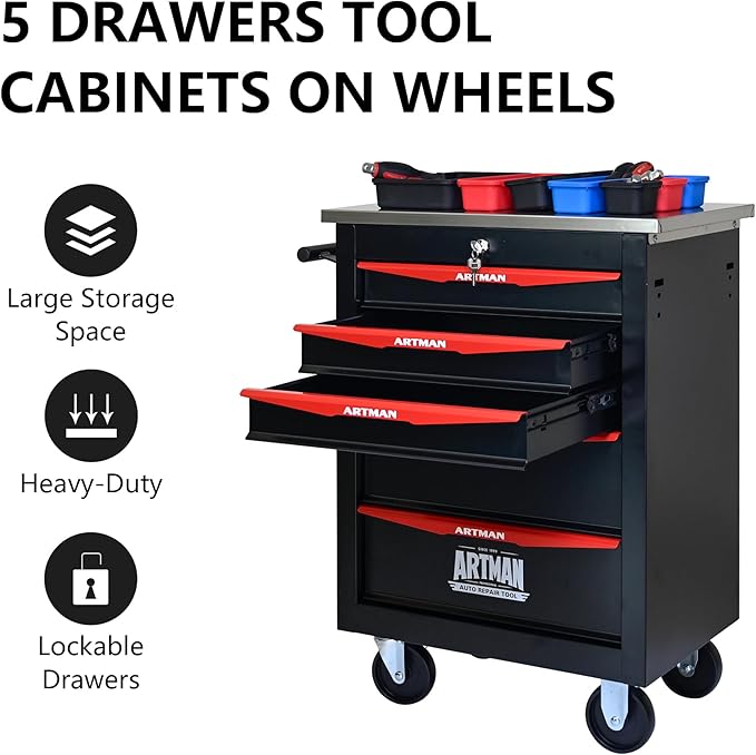 5 Drawer Rolling Tool Chest with Locker, 22.2" D Metal Movable Lockable Tool Cart Box Multi-Functional Hardware Storage Cabinet Box for Warehouse Basement Home Pantry Garage