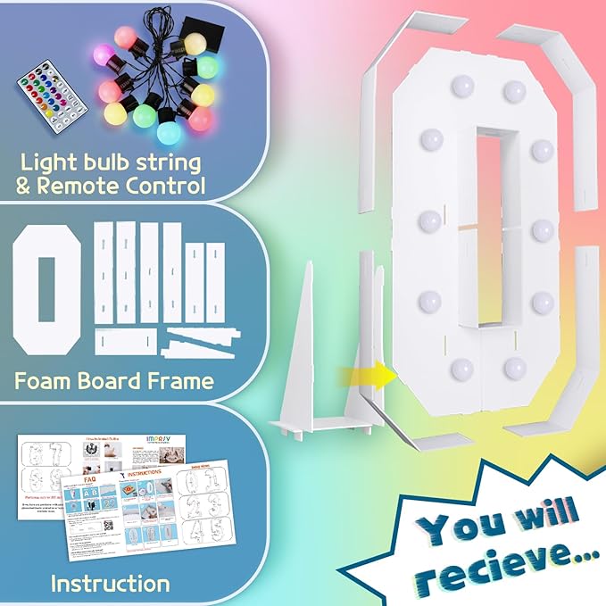 imprsv 4FT Colorful Marquee Numbers,18 Colors with Remote, Light Up Numbers 0 for 40th 50th Birthday Decorations Anniversary Party Decor, Pre-Cut Foam Board Kit, Mosaic Sign for Balloon