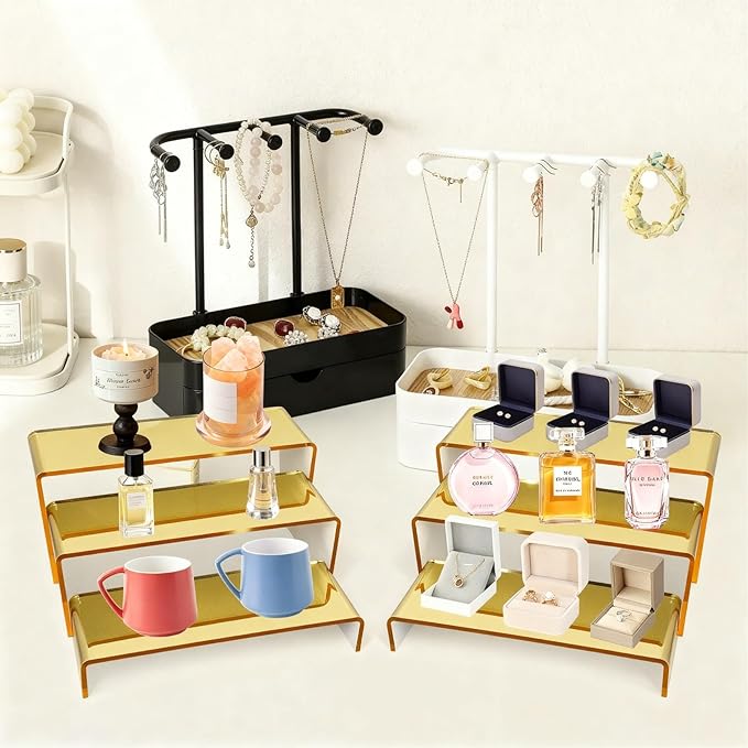 Acrylic Display Risers 2 Sets 3 Tier Cupcake Stand for Dessert Jewelry Pop Figures Shelves Retail Shoe Showcase (Gold)