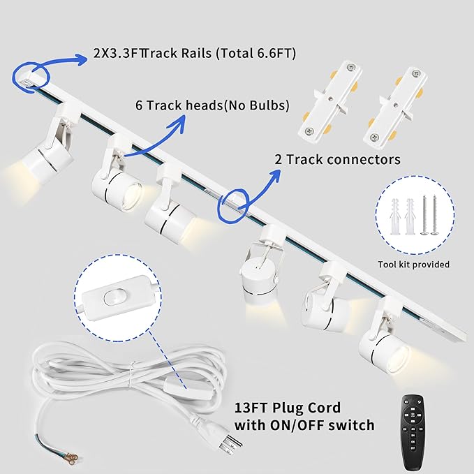 Plug in Track Lighting with Power Cord, 6-Light LED Track Lighting Kit with 6.6FT H Type Track Lighting Rails, Modern Kitchen LED Track Lighting Fixtures Ceiling Spot Light, White