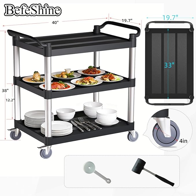 Utility Cart with Tangle-Free Wheels, Large Size 3 Tier Rolling Service Cart with Wheels(2 with Brakes), Heavy Duty 450 Lbs Capacity,Commercial Serving Cart for Home, Office, Restaurant, Warehouse.
