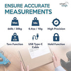 Smart Weigh Digital Shipping Scale 66LB x 0.1oz Hold and Tare Function Accurate Postal Scale for Packages Includes Batteries and USB-C Reliable for Mail and Shipping