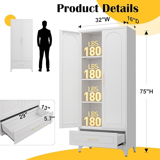 Metal Storage Cabinet with Drawers,75Inch White Pantry Cabinets for Kitchen Storage with 3 Adjustable Shelves,Tall Kitchen Pantry Cabinet for Living Room, Dining Room Office