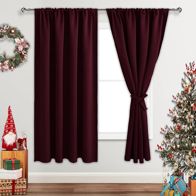 JIUZHEN Christmas Blackout Curtains for Bedroom - Thermal Insulated Room Darkening Noise Reducing, 52 x 63 Inch Length Curtains for Living Room, Set of 2 Panels with Tiebacks, Burgundy