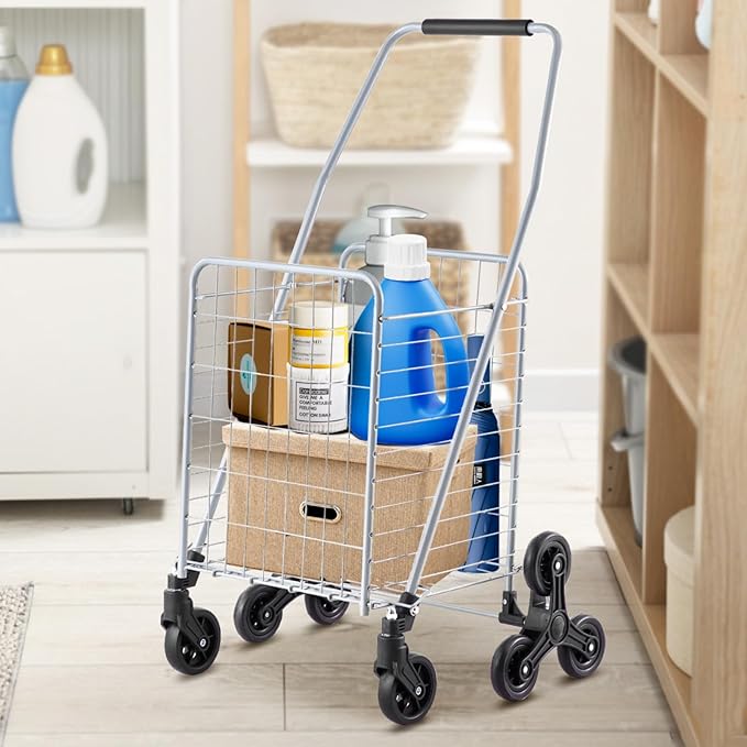 VEVOR Grocery Shopping Cart, 45L Stair Climbing Shopping Cart with 360° Rolling Swivel Wheels, Stair Climber Utility Cart with Tri-Wheels, Foldable Collapsible & Lightweight for Laundry Travel, Silver