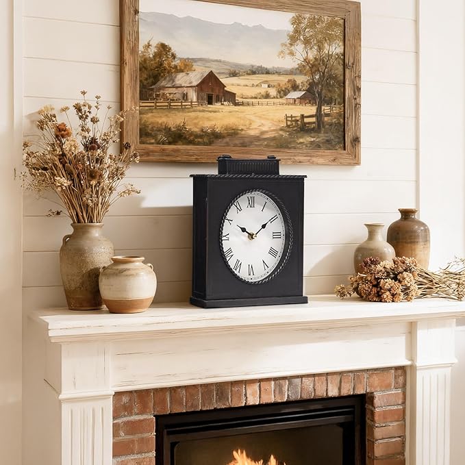 MODE HOME Vintage Mantel Clock with Distressed Finish, Antique Style Battery Operated Metal Decorative Table & Mantel Clock for Living Room Fireplace, Large Decorative Desk & Shelf Clocks for Home