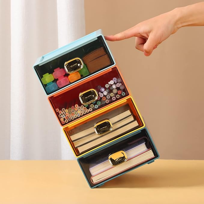 Spacious Desk Drawers, Stackable Desktop Organizer, Plastic Storage Box for Office, School & Home Supplies (2 Middle Drawers, BU & CYAN)