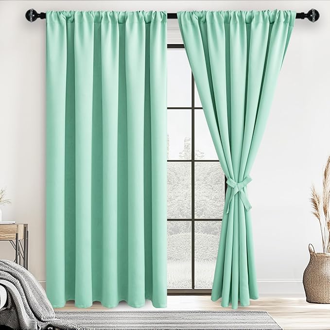 JIUZHEN Mint Green Blackout Curtains - 60 Inch Extra Wide Privacy Soundproof Thermal Insulated Light Blocking Curtains for Living Room,Bedroom, Set of 2 Panels, 60 x 72 inches