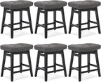 Counter Height Bar Stools Set of 6 for Kitchen Counter Farmhouse Modern Barstools with Faux Leather Upholstered Backless Seat and Solid Wood Legs 24 inch Bar Chairs, Grey + Black