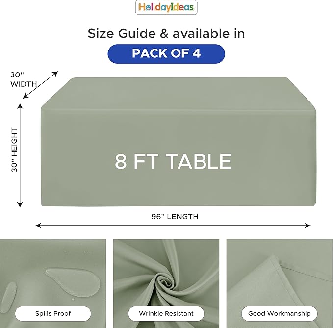 HolidayIdeas Fitted Tablecloths for 8 Foot Rectangle Table, Wrinkle Resistant Washable Table Cover 30x96 Inch for Vendor Booth Display, Banquet, Trade Show, Sage Green, 4 Pcs