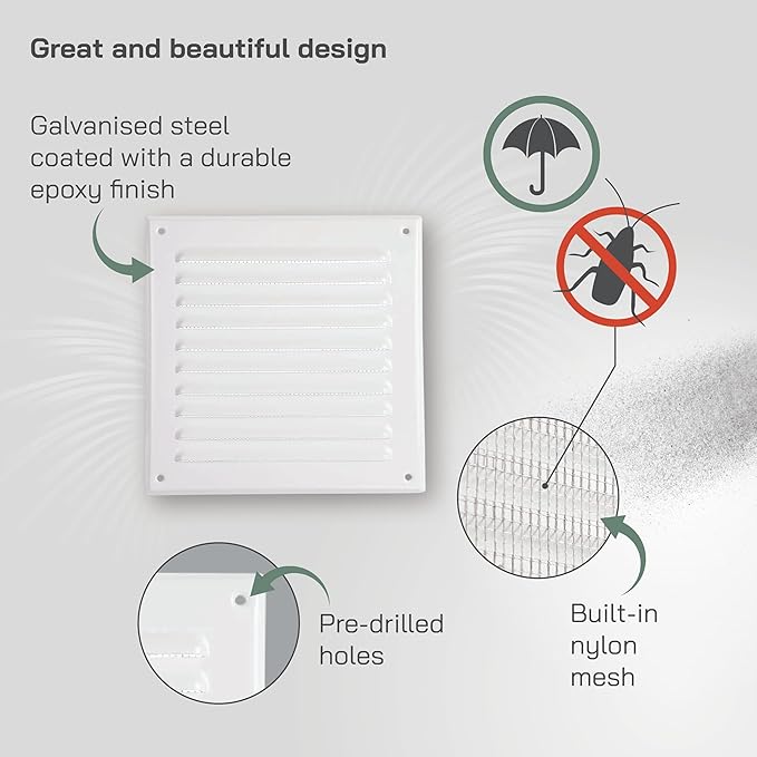 Vent Systems - 6 x 6 Inch (Inner) Pack of 10 White Metal Square Soffit Air Vent Grille Cover, Register Vent Deflector Louver Built-in Mesh HVAC for Bathroom Home Office Kitchen 8" x 8" (Outer)