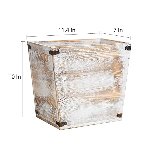 VERGOODR Grey Farmhouse Style Torched Wood Trash Can Waste Bin with Decorative Metal Brackets Trash Can for Bedroom,Living Room, Bathroom & Office (Washed White)
