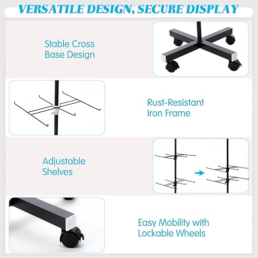 Ripeng 1 Pcs 4‑Tier Retail Display Stand – Rotating Display Rack with Wheels for Jewelry Keychains Socks Hats – Adjustable Movable Shop Spinner for Craft Shows Vendor Events & Stores Accessories,Black