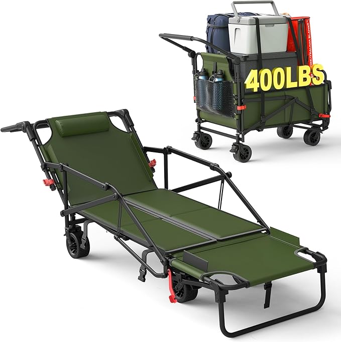 LEVELEVE Heavy Duty Folding Wagon - 2-in-1 Collapsible Cart, 400lb Capacity, All-Terrain Wheels w/Brakes & Side Pockets