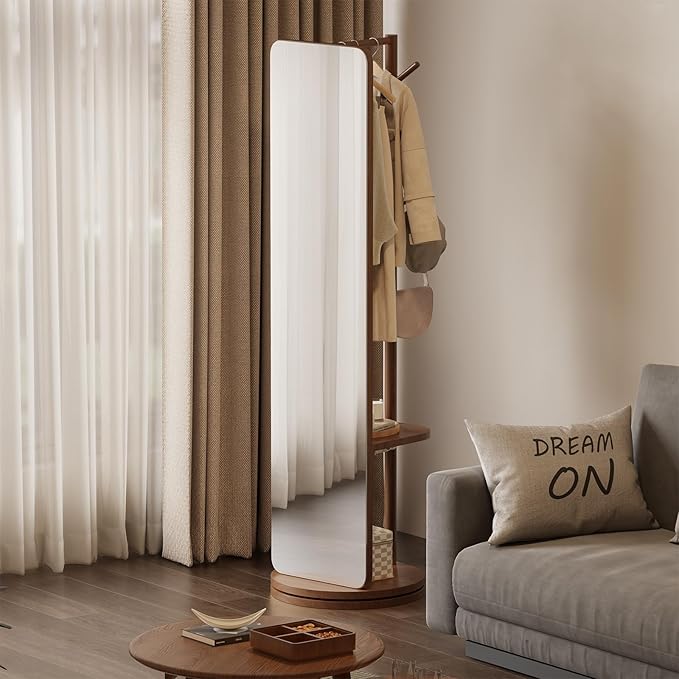 WoodsWhisper Full Length Mirror Coat Rack Solid Wood Floor Mirror 70"x16" Full Length Mirror with Stand Long Mirrors for Bedroom,Living Room