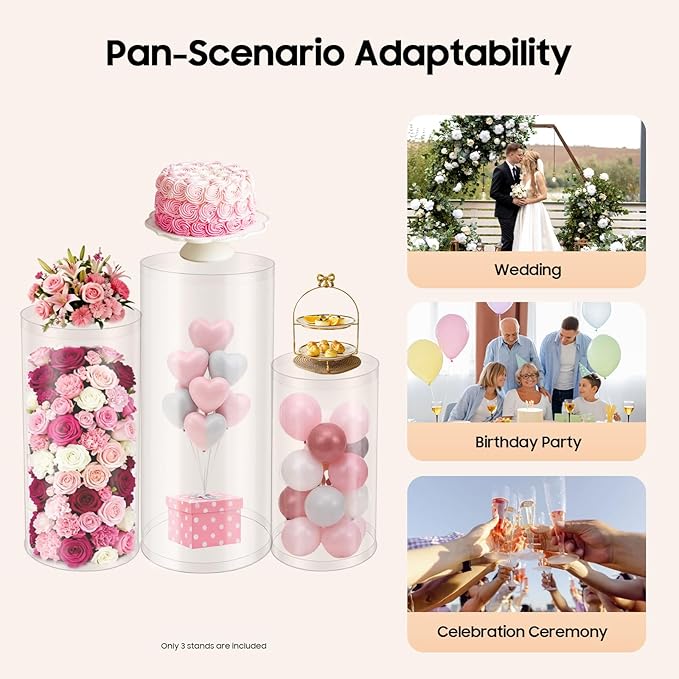 3 Pcs Wedding Cylinder Stands, Clear Acrylic Round Pedestal Stand, Floor Standing Clear Cylinder Stands for Wedding Birthday Party 23.6'', 29.5'', 35.4'' H