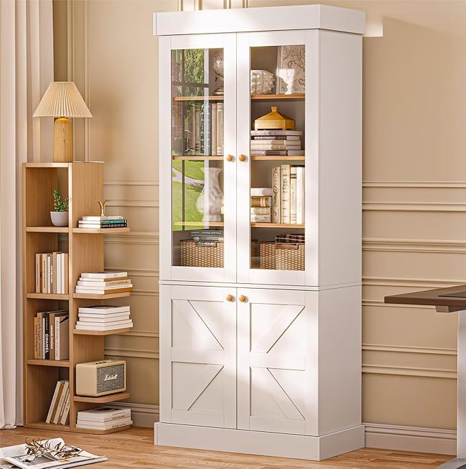 Vyre 71" Tall Farmhouse Bookshelves with Glass Doors, Set of 4 – Large Modular Bookcase with Adjustable Shelves, Storage Cabinet for Living Room, Kitchen, Home Office, White
