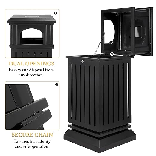 Black Stainless Steel Commercial Trash Can with Locking Lid, Heavy Duty Outdoor/Indoor Waste Container, Perforated Steel Panels, Removable Inner Bucket for Patio, Park, Garden-35.5x15.8x15.8in