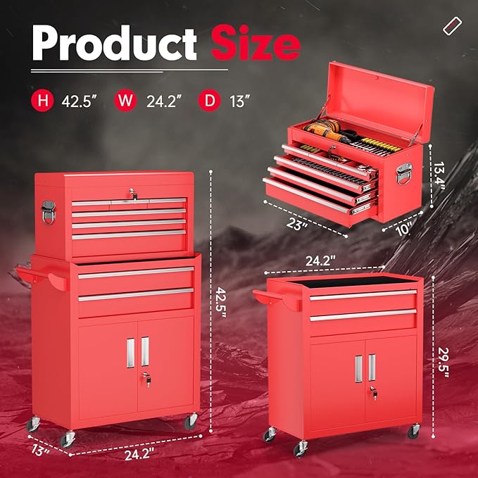 Superday Metal Rolling Tool Chest, 8 Drawer Rolling Tool Chest with Wheels, Detachable Tool Storage Cabinet with Lock for Garage, Steel Tool Cart with Liner & Hooks for Workshop, Warehouse (Red)