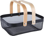 Metal Mesh Steel Basket, Storage Organizer Basket Garden Harvest Basket Multi-functional Kitchen Fruit Baskets Bin with Wooden Handle for Bathroom Picnic Shopping Decor Cabinet Home, Black