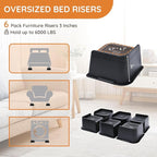Bed Risers, Oversized Furniture Risers, 3 inch Raise Blocks for Bed Couch Desk Sofa Table Lifts, Furniture Legs Lifters Support up to 6000 Lbs (Black, 6 Pack Set)