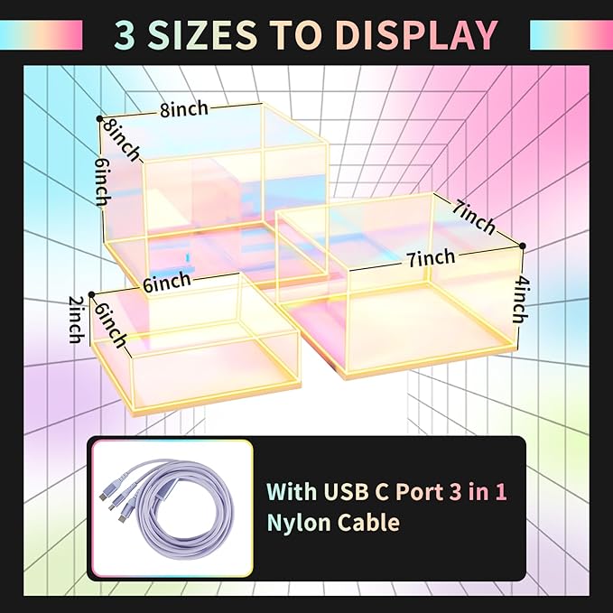 3Pcs Iridescent Acrylic Display Risers with LED light Plug and Play, Stackable Acrylic Cube Boxes Rainbow Display Stand with Hollow Bottom for Figures Jewelry Perfume Purse Food Buffet Riser