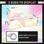 3Pcs Iridescent Acrylic Display Risers with LED light Plug and Play, Stackable Acrylic Cube Boxes Rainbow Display Stand with Hollow Bottom for Figures Jewelry Perfume Purse Food Buffet Riser